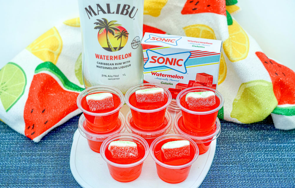Make Spectacular Sonic Watermelon Jello Shots with malibu on counter