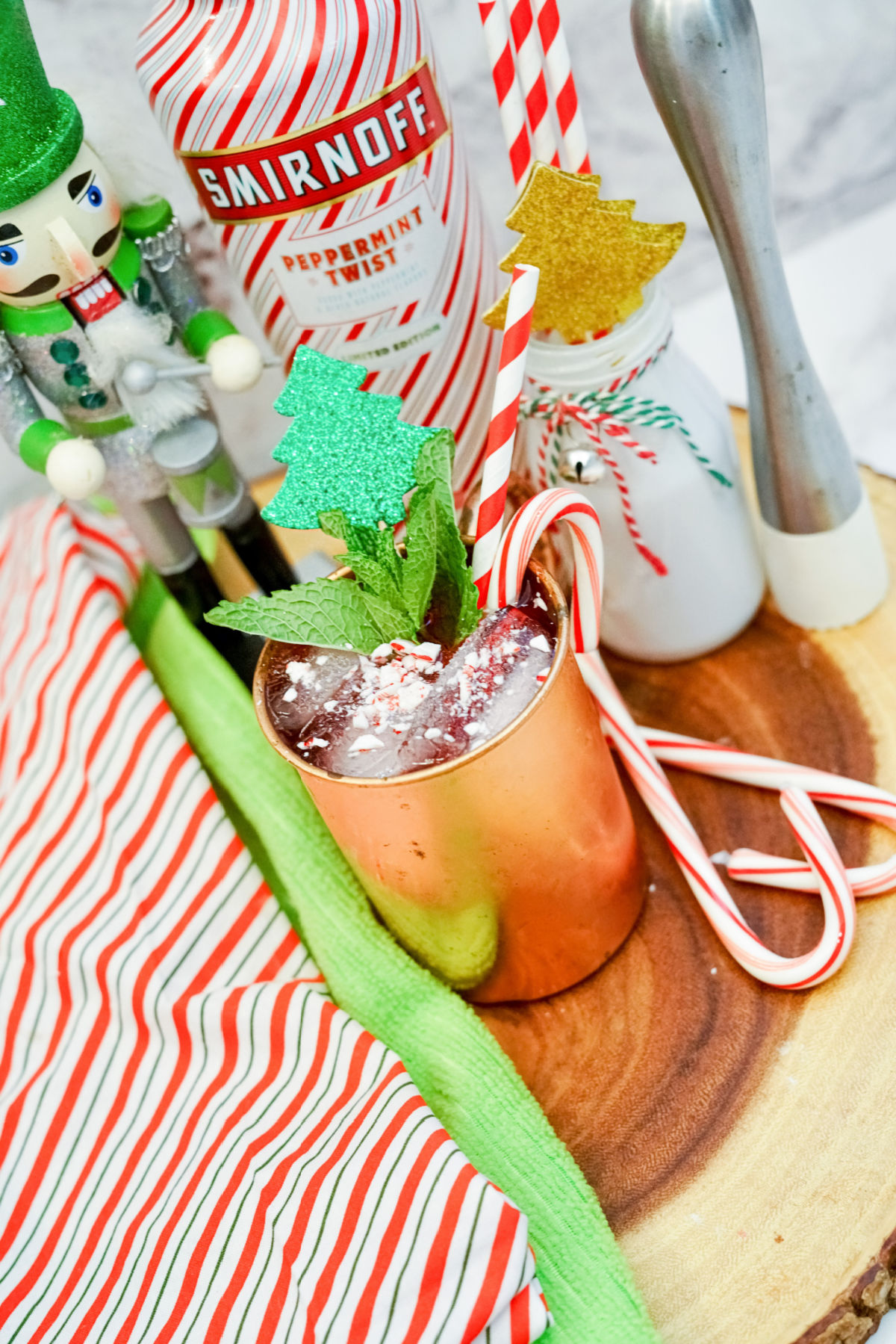 christmas moscow mule with striped towel